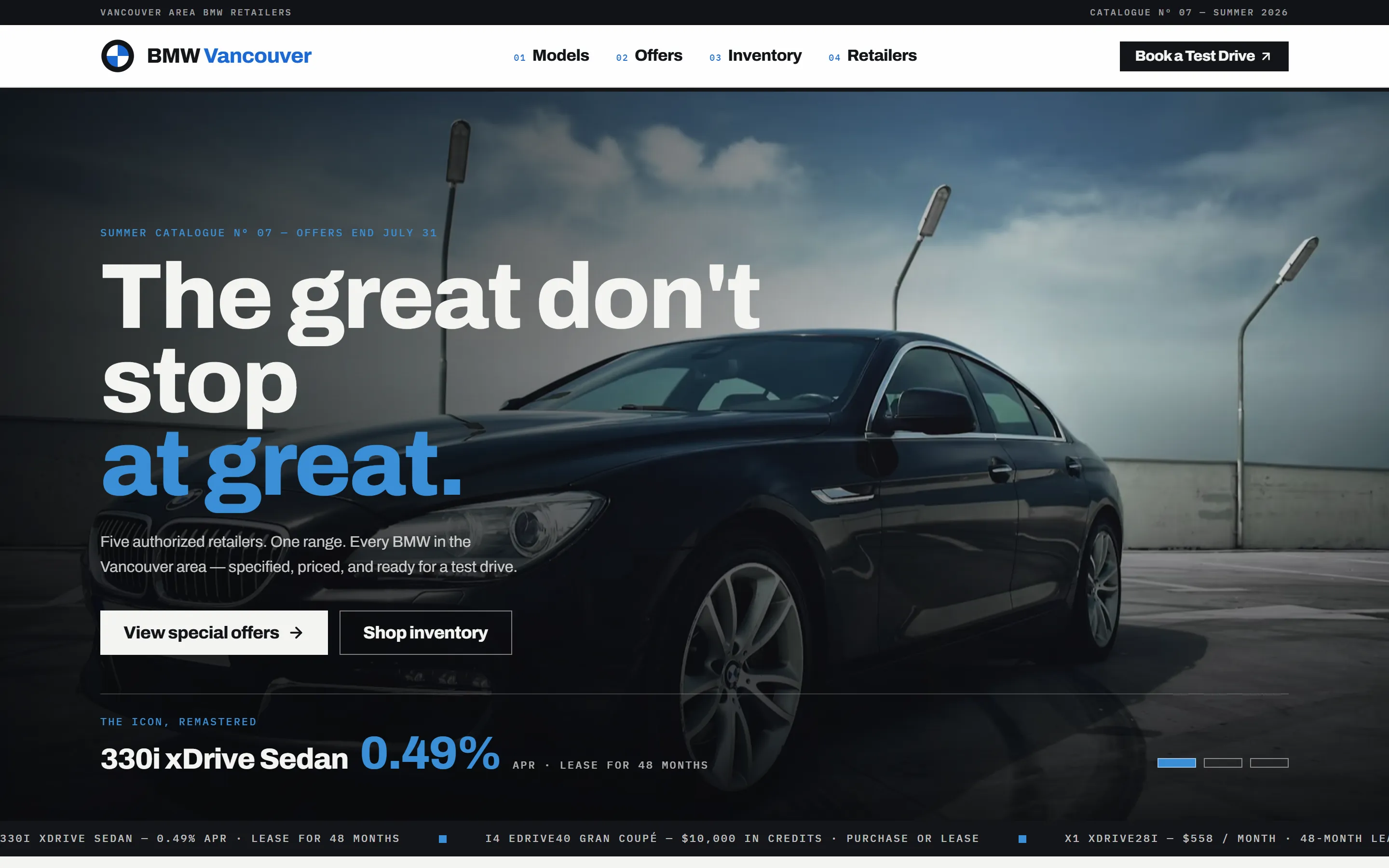 The BMW Vancouver homepage hero, headlined "The great don't stop at great," with a full-bleed car photo and a scrolling offers ticker.
