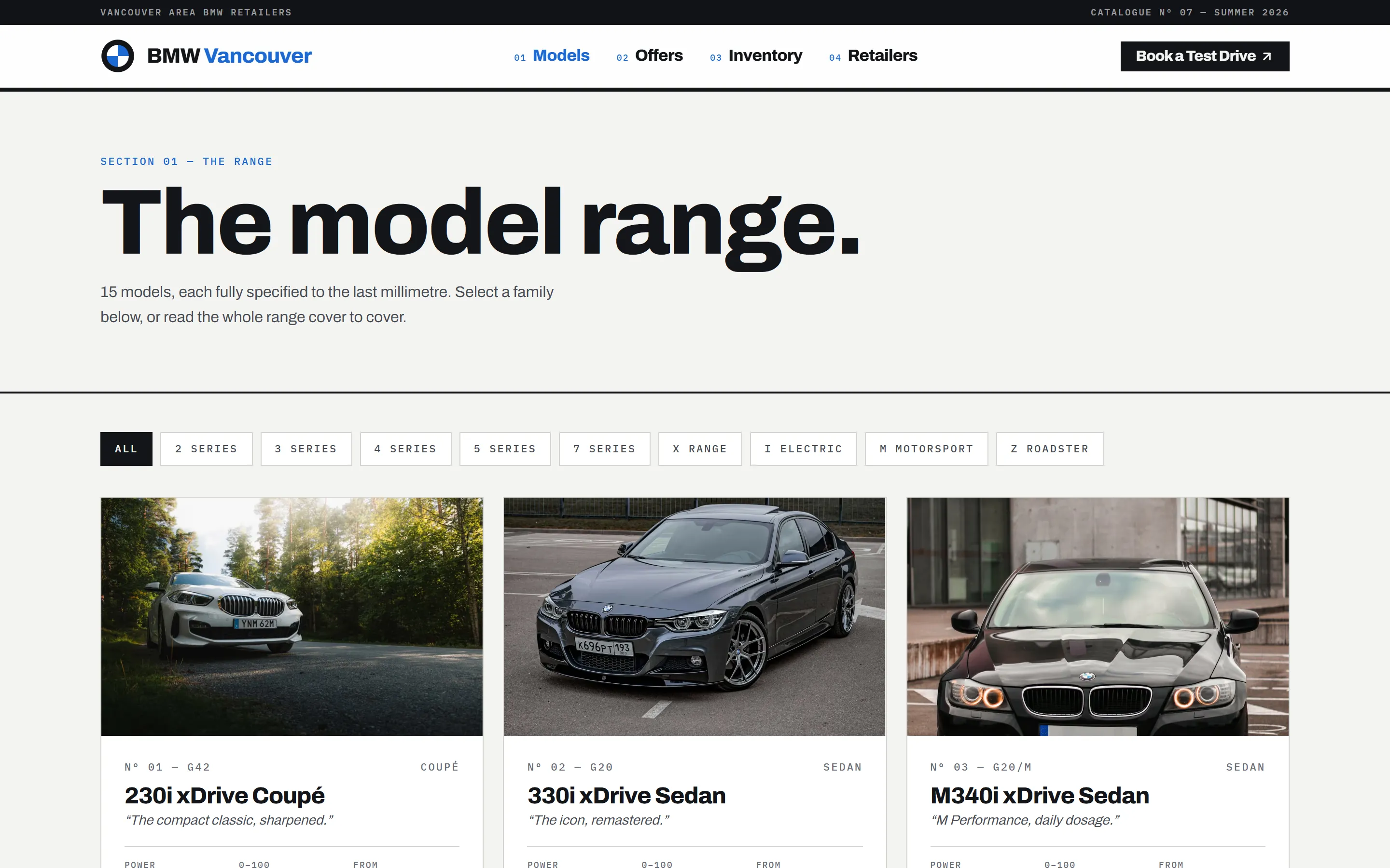 The BMW Vancouver "The model range" page with family filter chips above a grid of model cards, each with a photo and pricing.