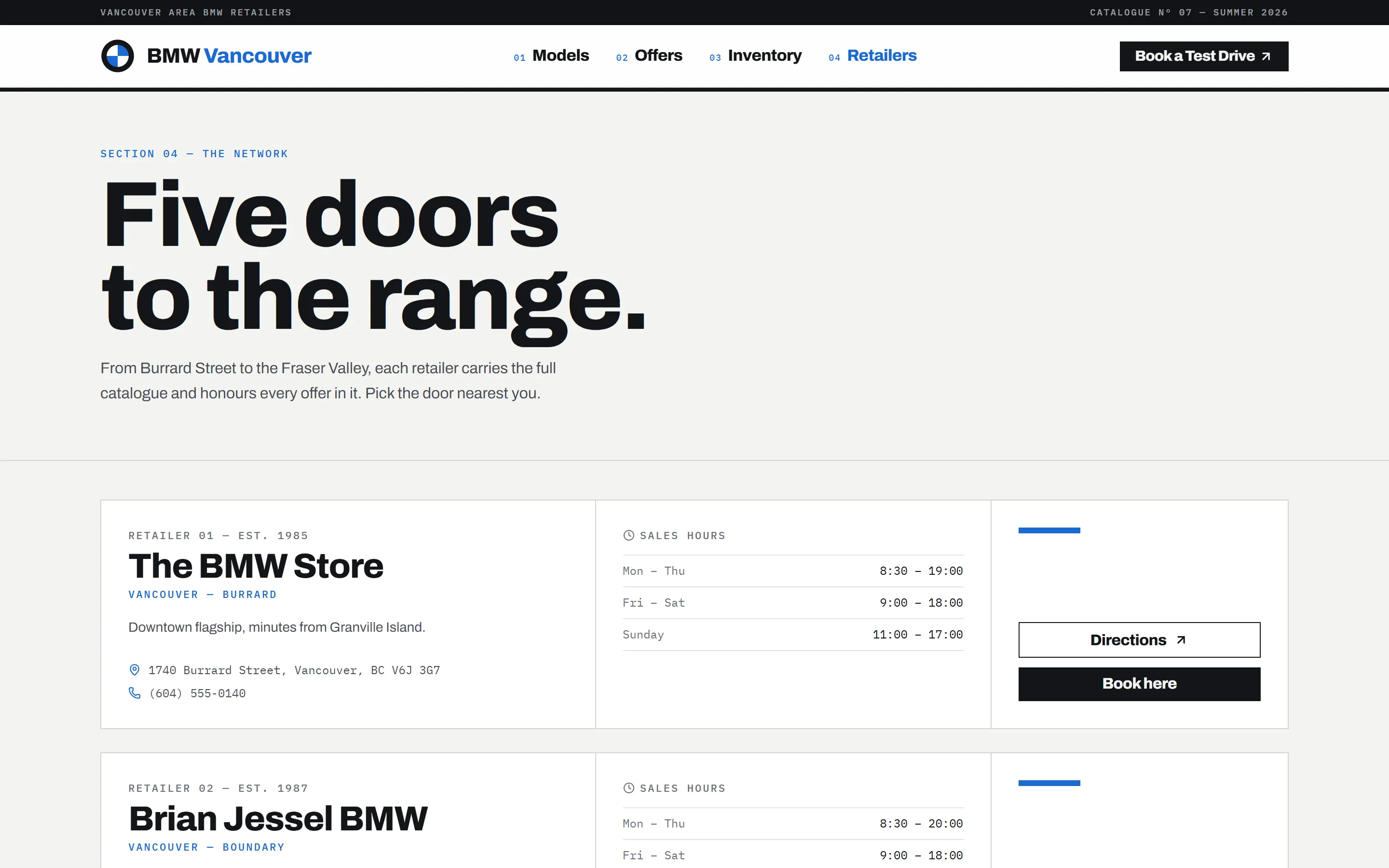 The BMW Vancouver retailers page, "Five doors to the range," listing dealerships with sales hours, addresses, and directions.