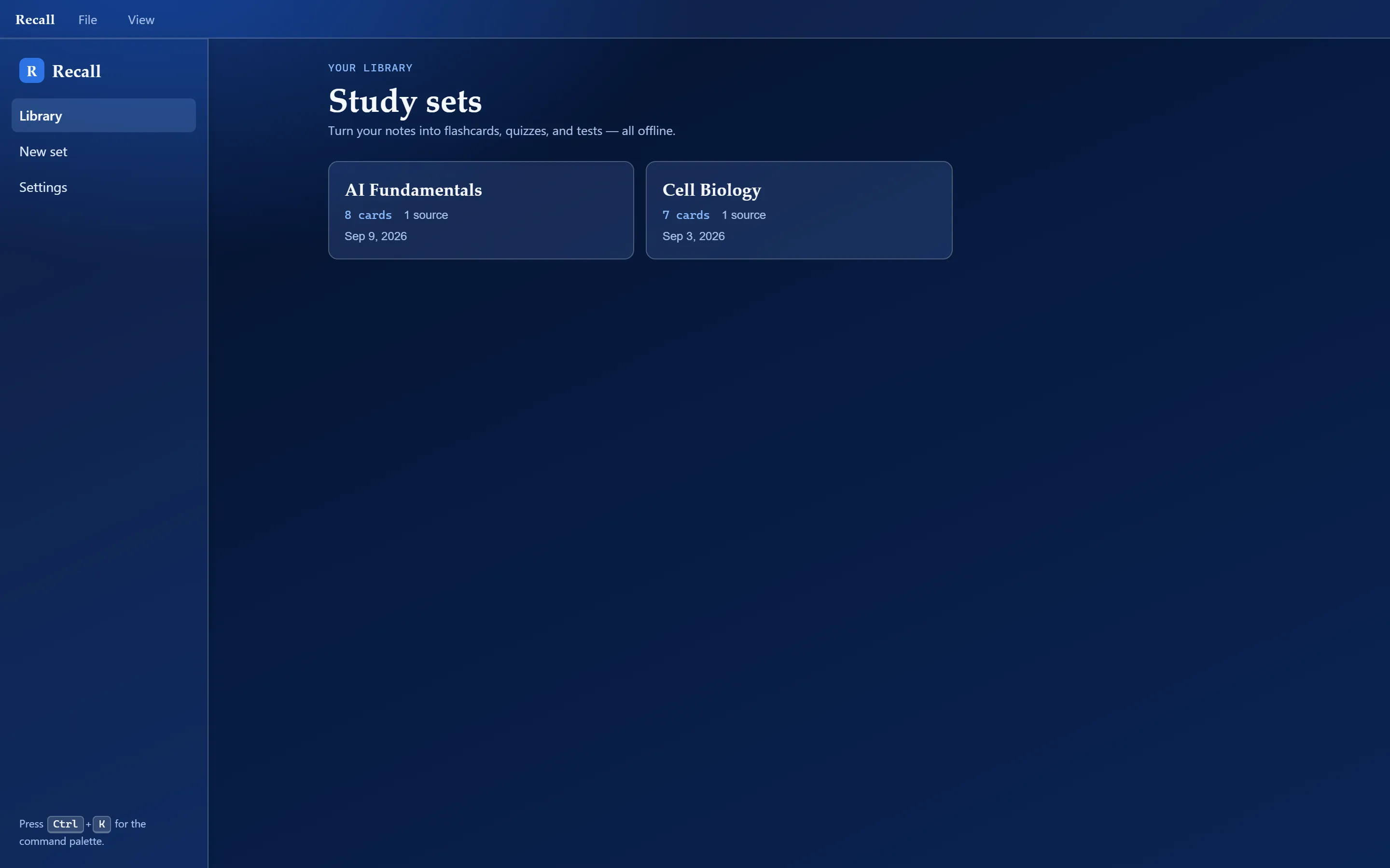 The Recall library, "Study sets," listing the AI Fundamentals and Cell Biology sets in the app's deep-blue glass theme.