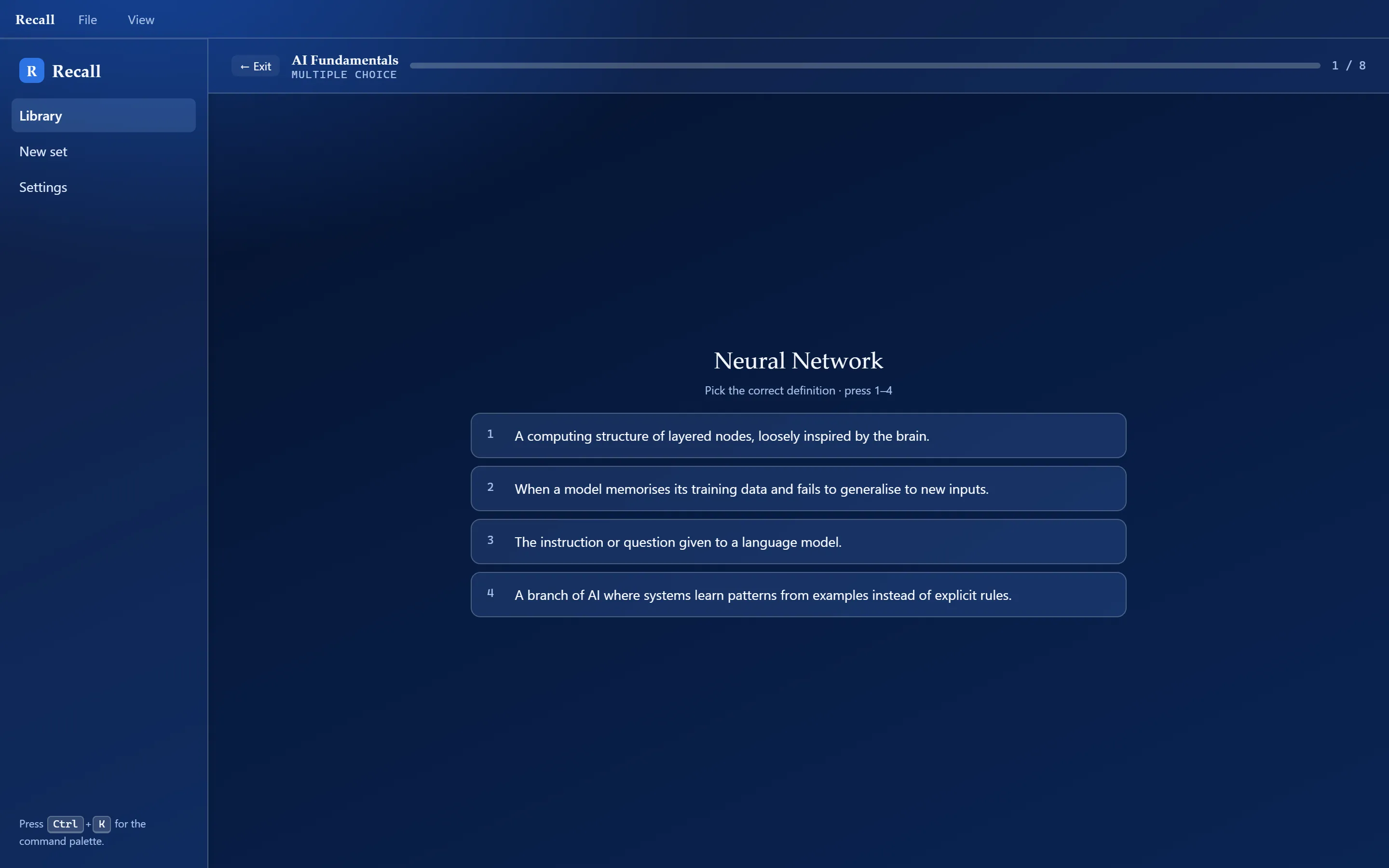 The Recall multiple-choice mode showing a term and four definition options, answerable with keys 1 to 4.