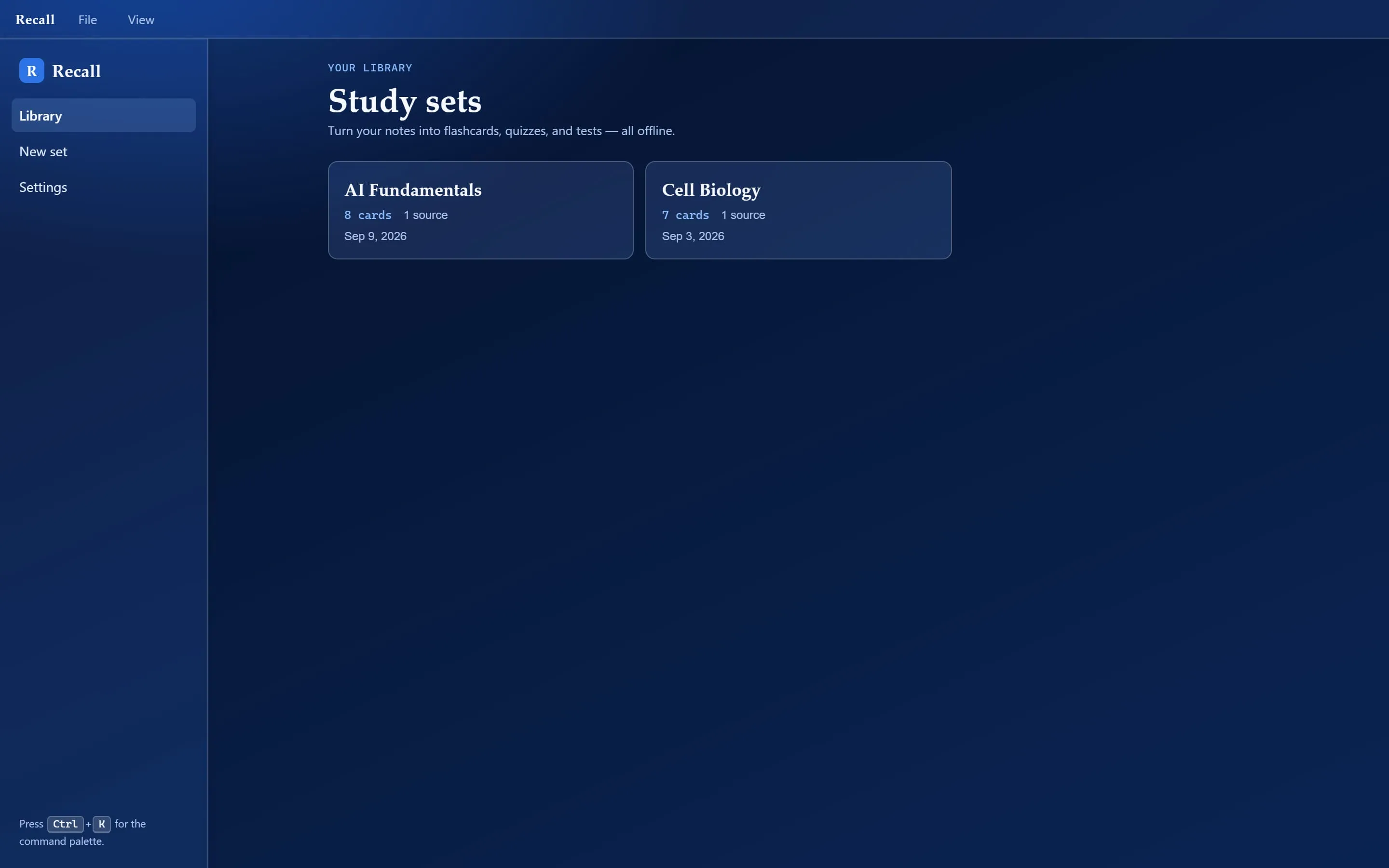 The Recall app library, "Study sets," shown in its blue glass design system with an AI Fundamentals and a Cell Biology study set.