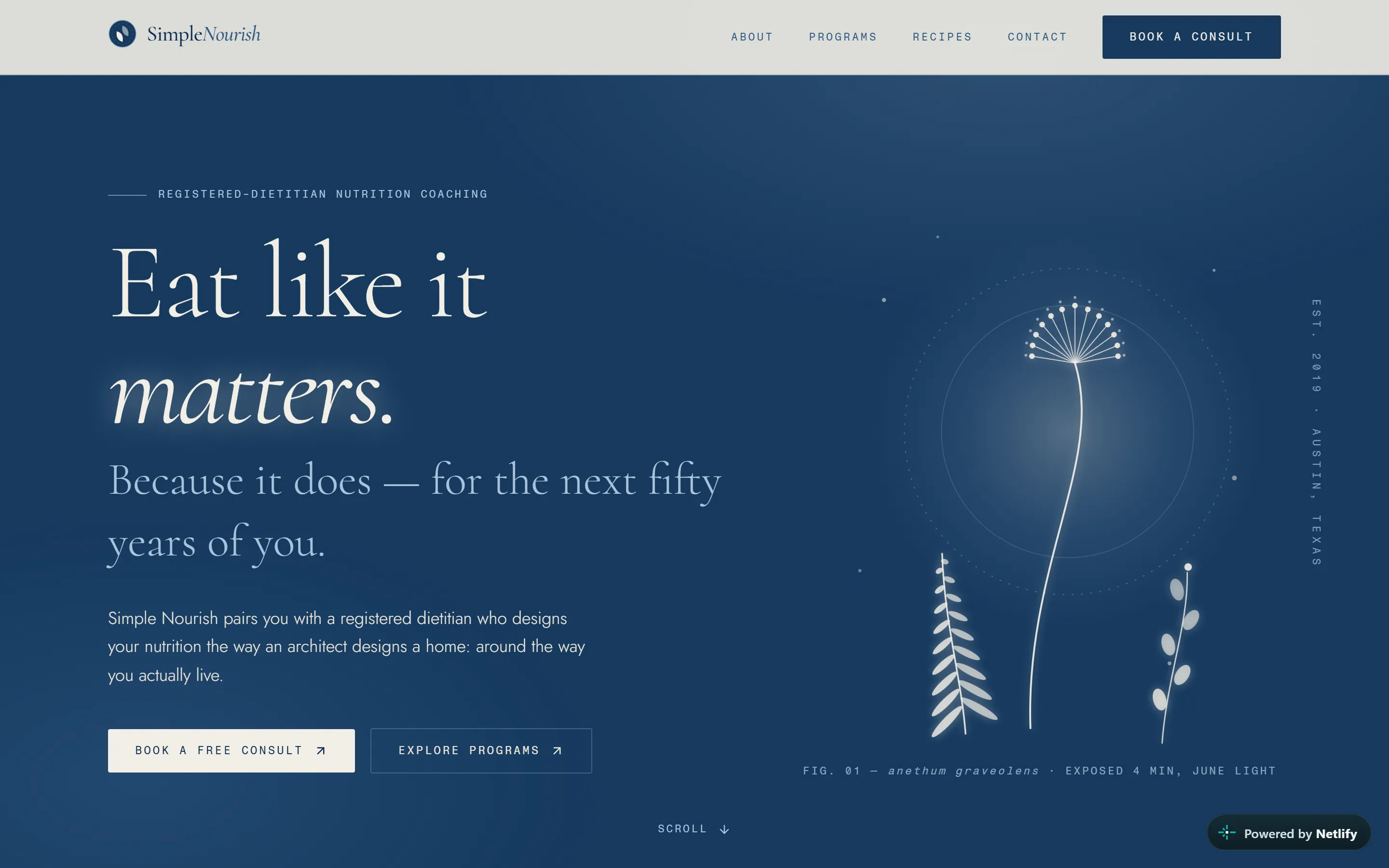 The Simple Nourish homepage hero, headlined "Eat like it matters," with a cyanotype botanical illustration on a Prussian-blue field.