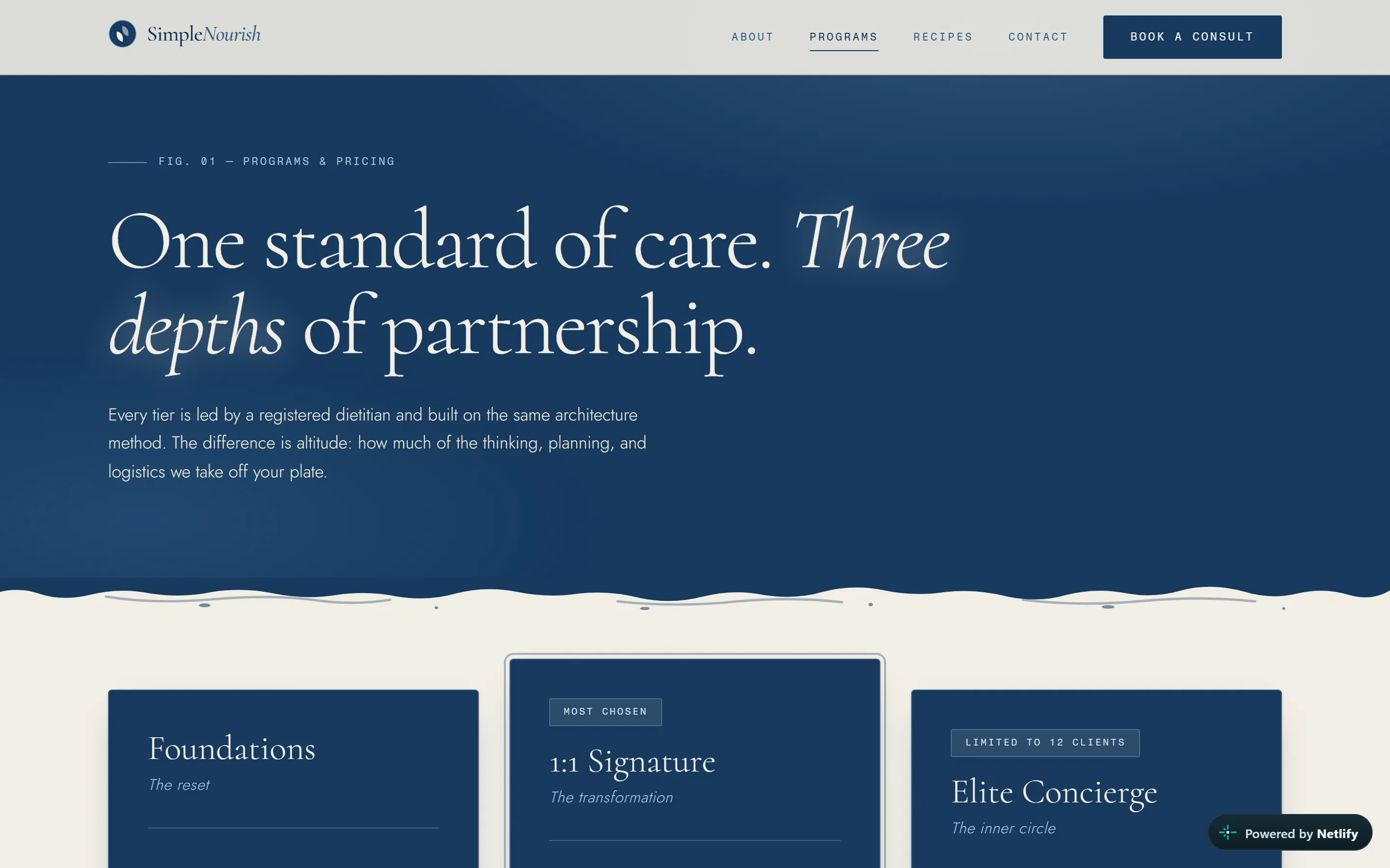 The Simple Nourish programs page, "One standard of care. Three depths of partnership," with Foundations, 1:1 Signature, and Elite Concierge tiers.