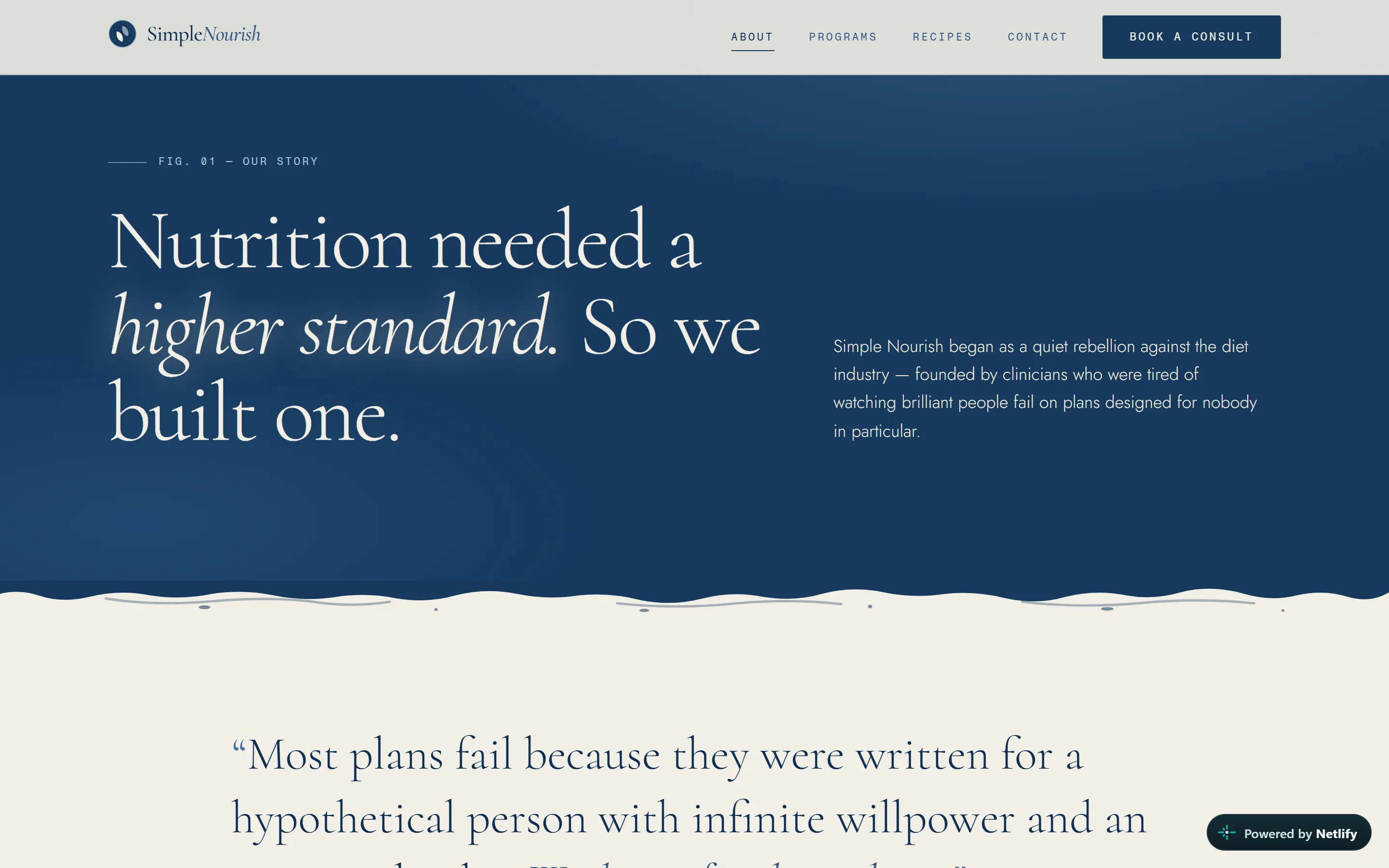 The Simple Nourish about page, "Nutrition needed a higher standard. So we built one," telling the studio's origin story.